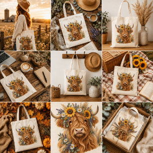 Highland Cow Floral Tote Bag