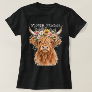 Highland Cow Floral Watercolor Farmhouse Art T-Shirt