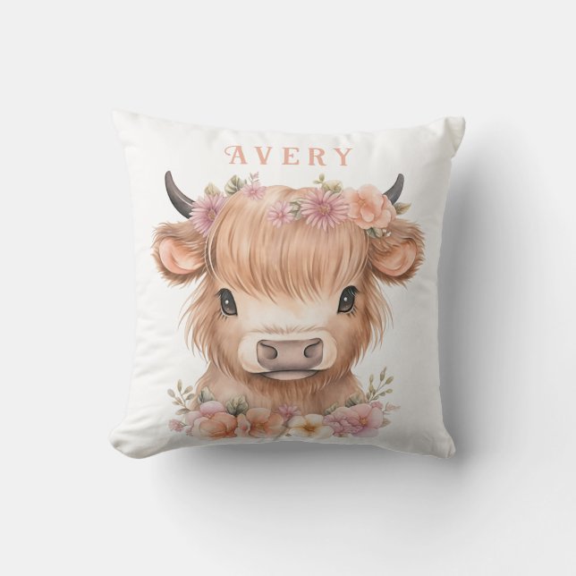 Highland cow floral watercolor throw pillow (Front)