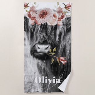 Highland Cow Floral | Western Cowgirl Kids Name Beach Towel