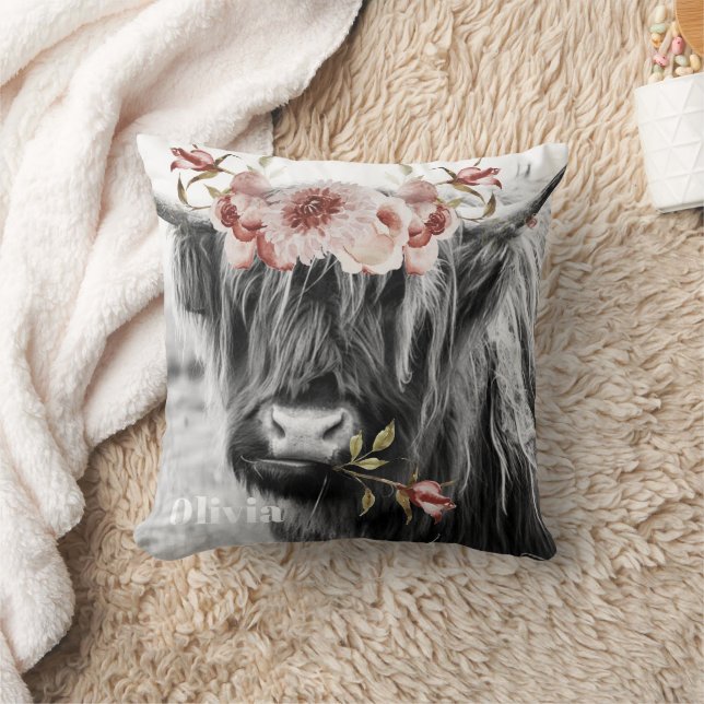 Highland Cow Floral | Western Cowgirl Kids Name Cushion (Blanket)