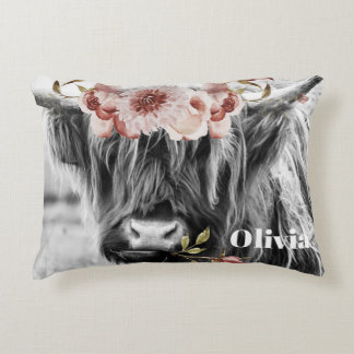 Highland Cow Floral | Western Cowgirl Kids Name Decorative Cushion
