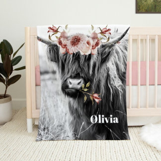 Highland Cow Floral | Western Cowgirl Kids Name Fleece Blanket