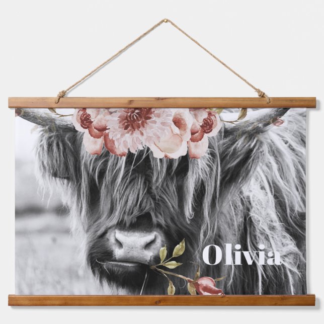 Highland Cow Floral | Western Cowgirl Kids Name Hanging Tapestry (Front)