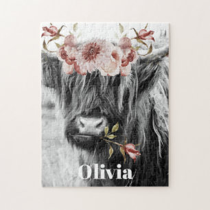 Highland Cow Floral   Western Cowgirl Kids Name Jigsaw Puzzle