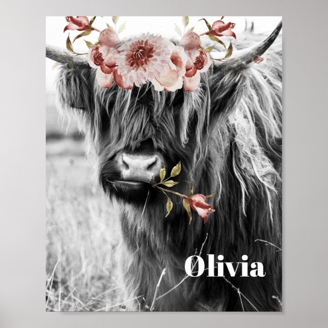 Highland Cow Floral | Western Cowgirl Kids Name Poster (Front)