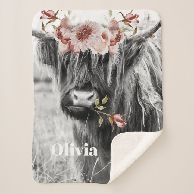 Highland Cow Floral | Western Cowgirl Kids Name Sherpa Blanket (Front)