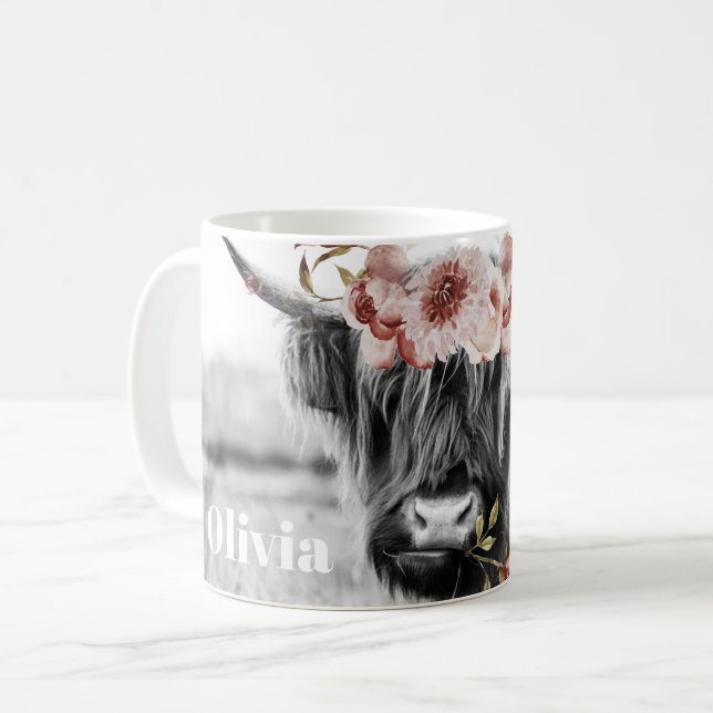 Highland Cow Floral | Western Cowgirl Name Coffee Mug (Front Left)