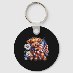 Highland Cow Florals 4th Of July Usa Flag Patrioti Key Ring