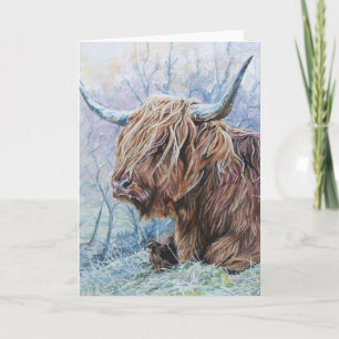 Highland cow, frosty morning holiday card