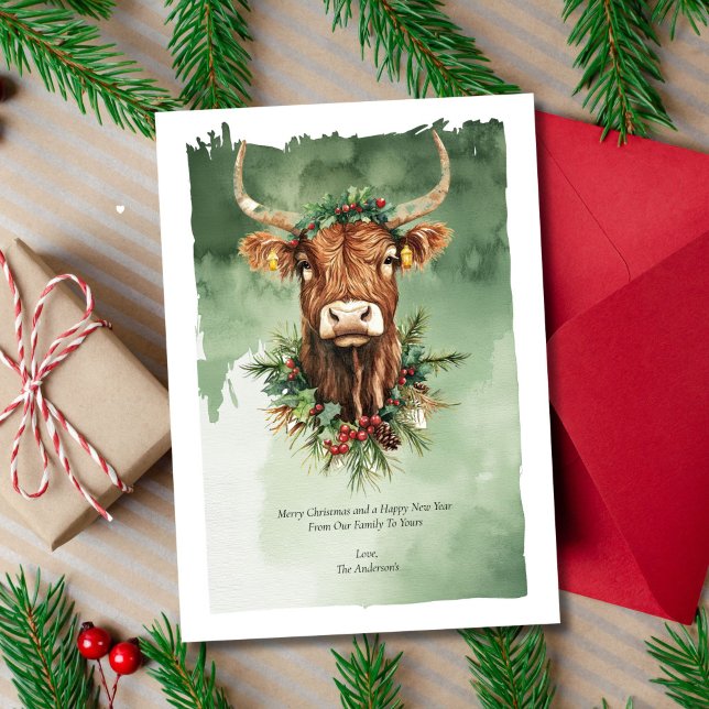 Highland Cow Funny Cute Watercolor Christmas Holiday Card (Highland Cow Funny Cute Christmas Holiday Card. Digital Download or Printed)