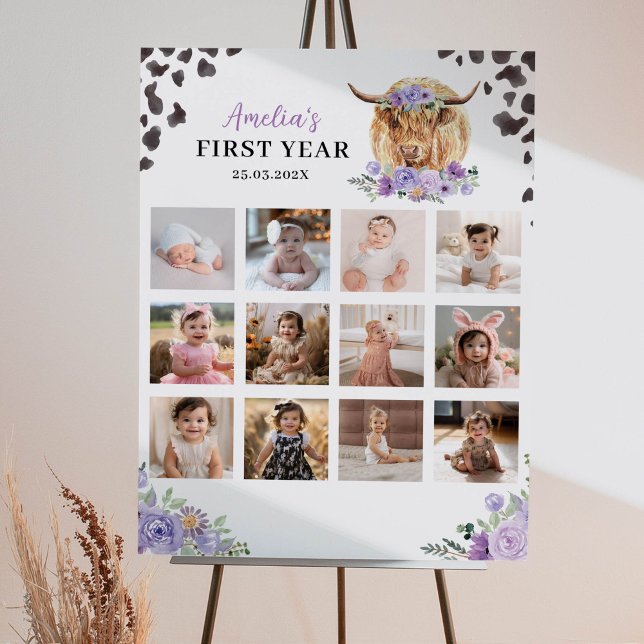 Highland Cow Girl Birthday Photo Milestone Poster (Creator Uploaded)
