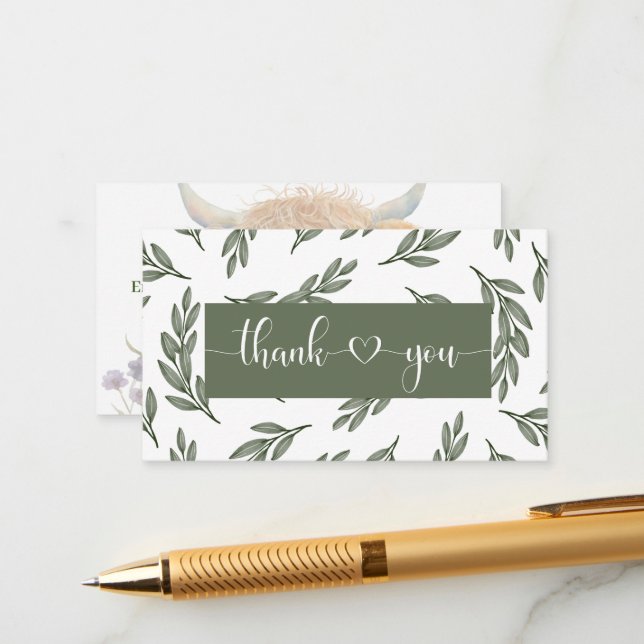 Highland Cow greenery baby shower thank you  Enclosure Card (Front/Back In Situ)