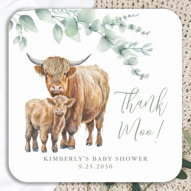 Highland Cow Greenery Baby Shower Thank You Square Sticker (Creator Uploaded)