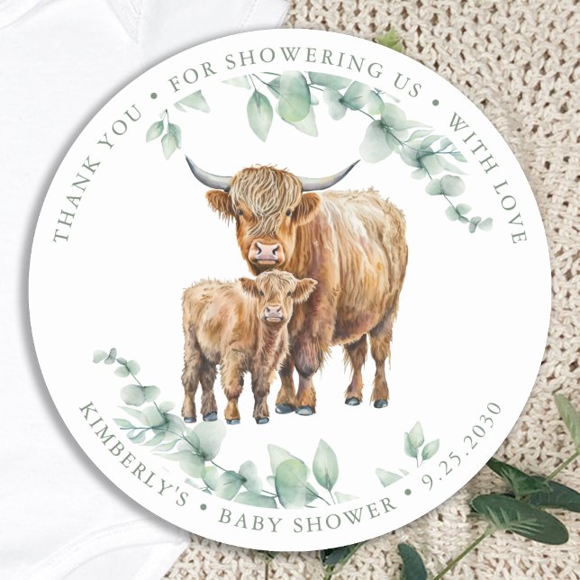 Highland Cow Greenery Boho Farm Animal Baby Shower Classic Round Sticker (Creator Uploaded)