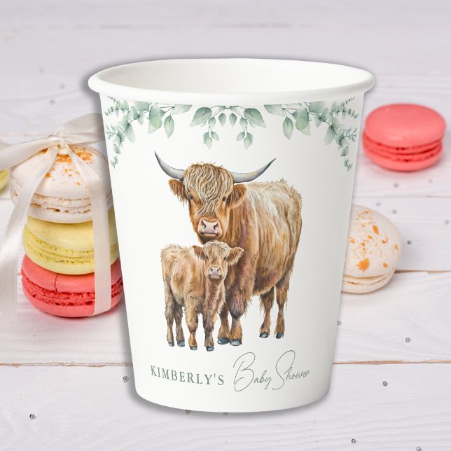 Highland Cow Greenery Boho Farm Animal Baby Shower Paper Cups (Creator Uploaded)
