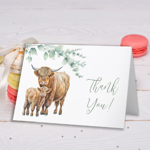 Highland Cow Greenery Boho Farm Animal Baby Shower Thank You Card