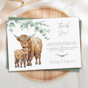 Highland Cow Greenery Farm Animals Baby Shower Thank You Card
