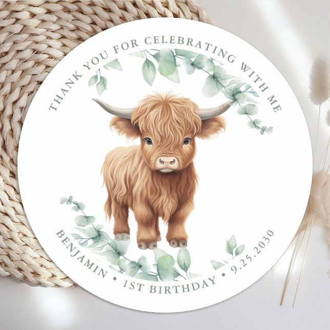 Highland Cow Greenery Farm Animals Kids Birthday  Classic Round Sticker (Creator Uploaded)