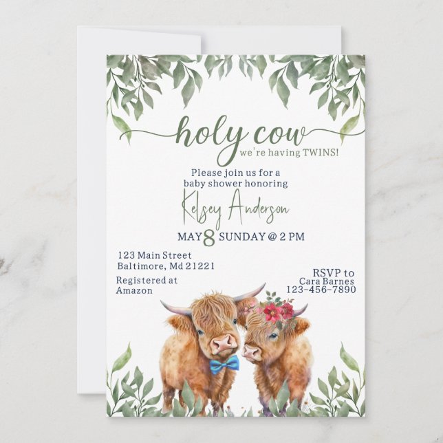  highland cow greenery twins baby shower invitation (Front)