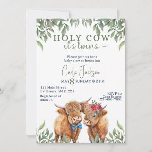  highland cow greenery twins baby shower invitation