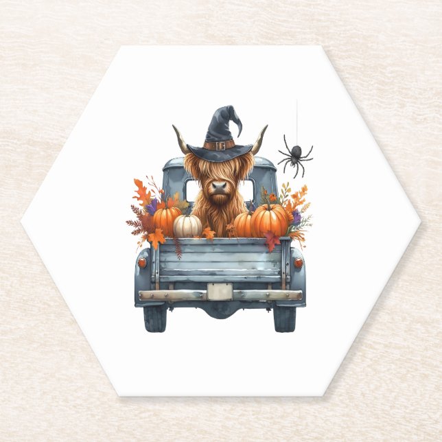 Highland Cow Halloween Fall Paper Coaster (Front)