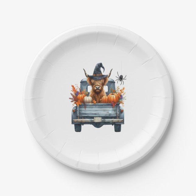 Highland Cow Halloween Fall Paper Plate (Front)