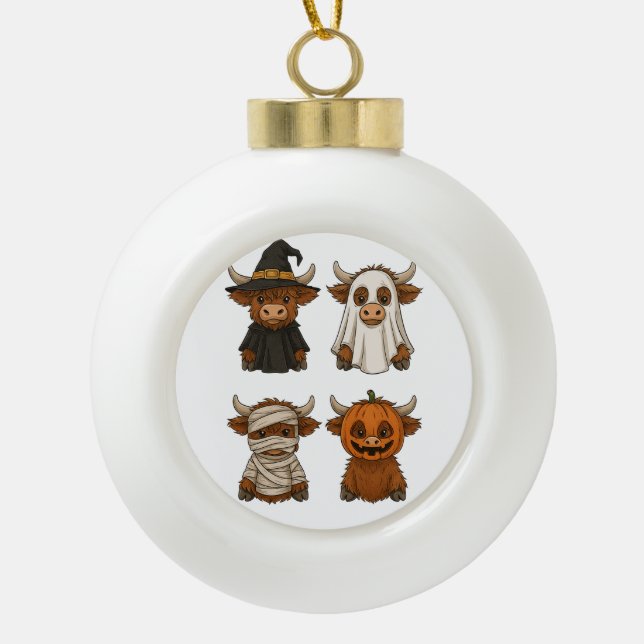 Highland Cow Halloween Funny Fall Spooky Ceramic Ball Christmas Ornament (Front)