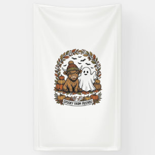 Highland Cow Halloween Ghost Pumpkin Vintage Art Banner