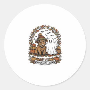 Highland Cow Halloween Ghost Pumpkin Vintage Art Classic Round Sticker