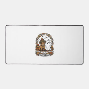 Highland Cow Halloween Ghost Pumpkin Vintage Art Desk Mat