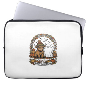 Highland Cow Halloween Ghost Pumpkin Vintage Art Laptop Sleeve