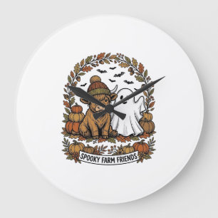 Highland Cow Halloween Ghost Pumpkin Vintage Art Large Clock