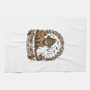 Highland Cow Halloween Ghost Pumpkin Vintage Art Tea Towel