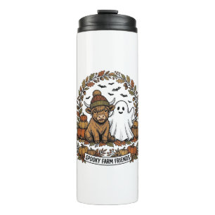 Highland Cow Halloween Ghost Pumpkin Vintage Art Thermal Tumbler