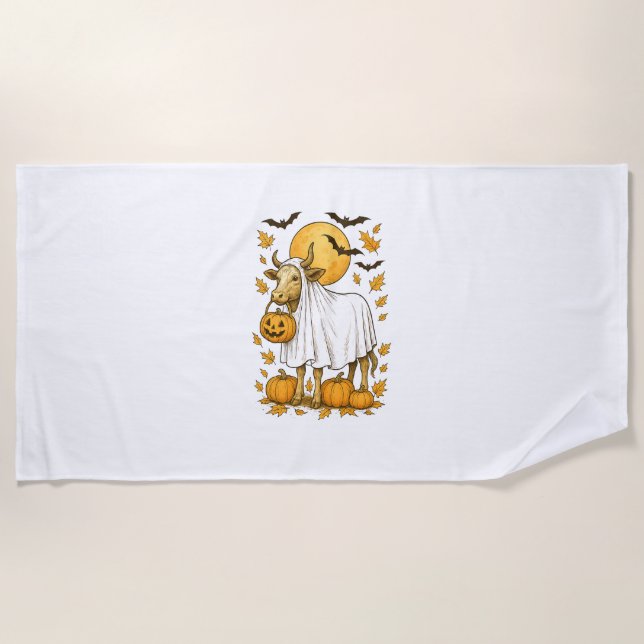Highland Cow Halloween in Ghost Costume Beach Towel (Front)