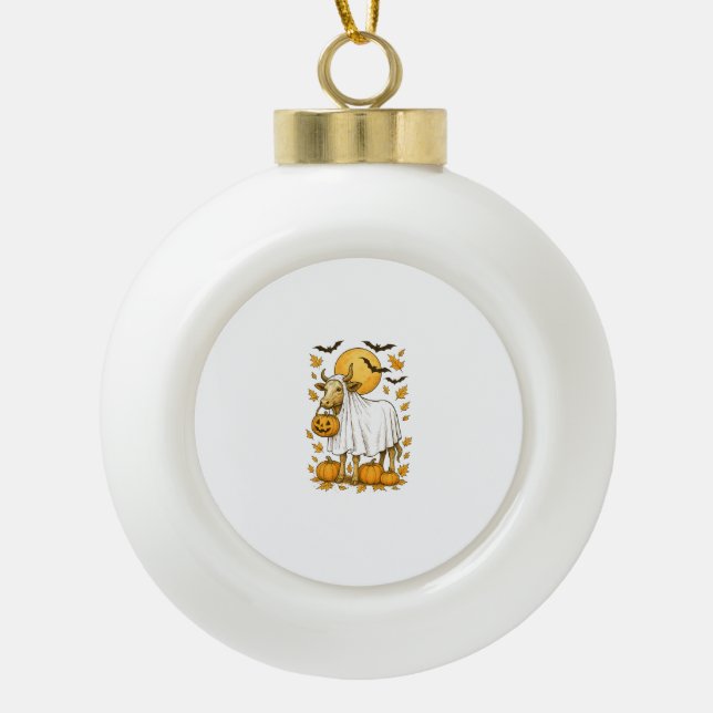 Highland Cow Halloween in Ghost Costume Ceramic Ball Christmas Ornament (Front)