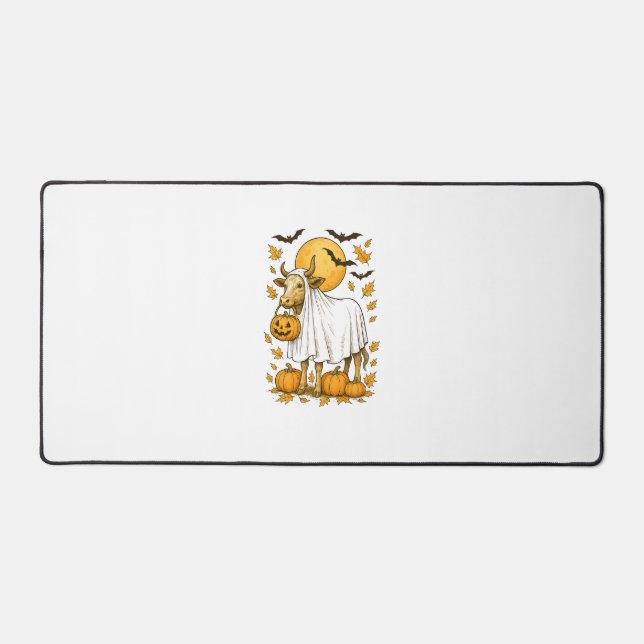 Highland Cow Halloween in Ghost Costume Desk Mat (Front)