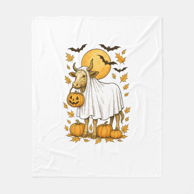 Highland Cow Halloween in Ghost Costume Fleece Blanket (Front)