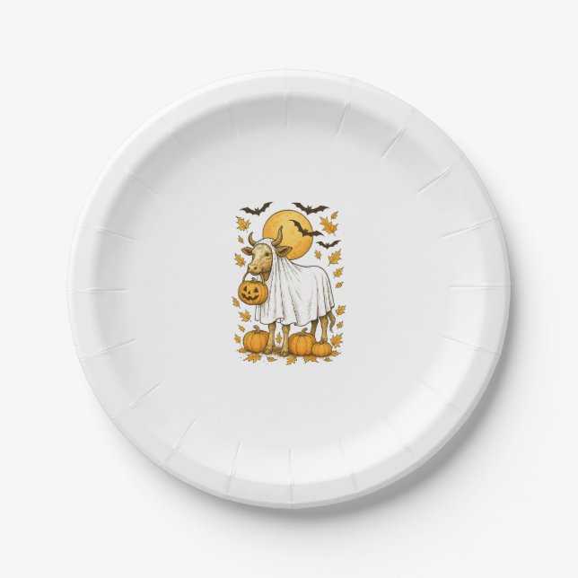 Highland Cow Halloween in Ghost Costume Paper Plate (Front)
