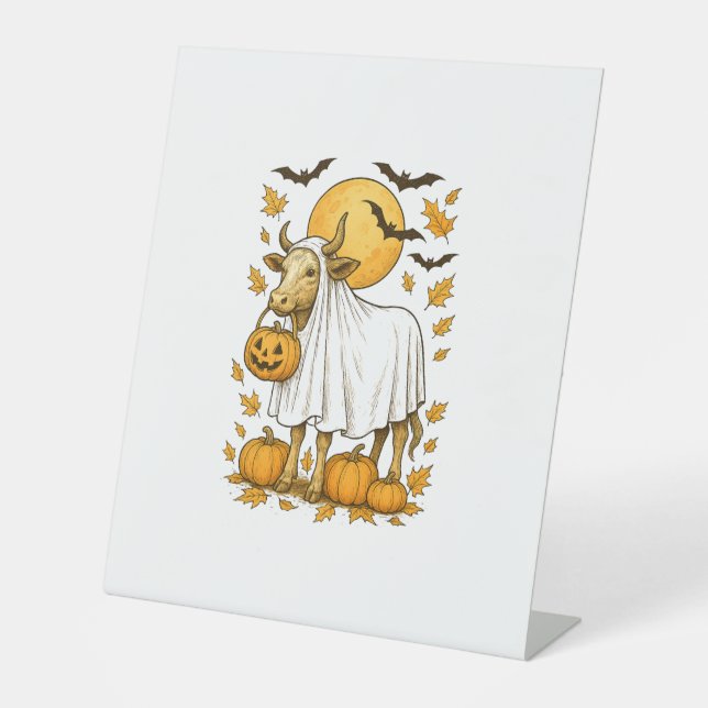 Highland Cow Halloween in Ghost Costume Pedestal Sign (Front)