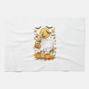 Highland Cow Halloween in Ghost Costume Tea Towel
