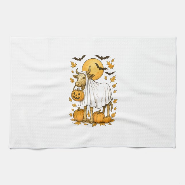 Highland Cow Halloween in Ghost Costume Tea Towel (Horizontal)