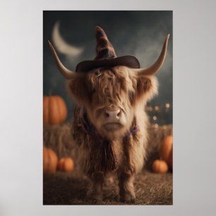 Highland Cow Halloween Print, Witch Hat, Autumn Poster