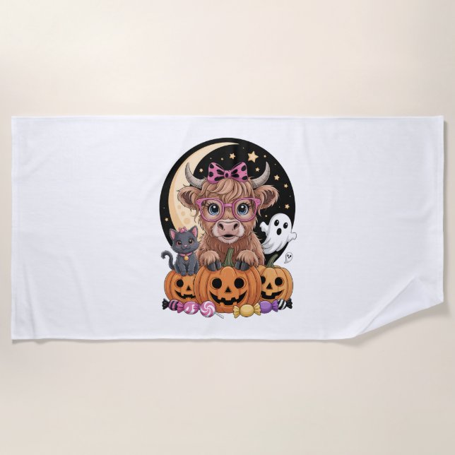 Highland Cow Halloween Spooky Season Beach Towel (Front)