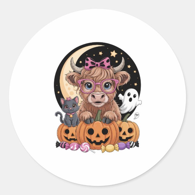 Highland Cow Halloween Spooky Season Classic Round Sticker (Front)