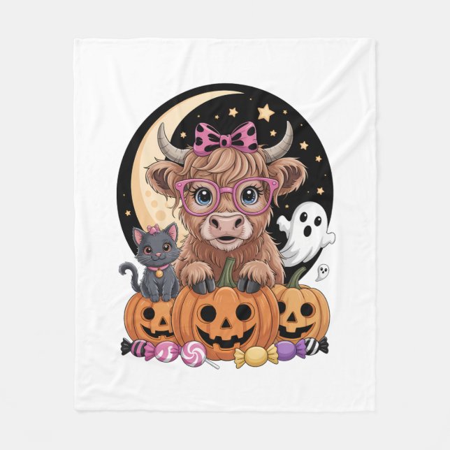 Highland Cow Halloween Spooky Season Fleece Blanket (Front)