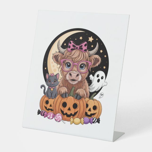 Highland Cow Halloween Spooky Season Pedestal Sign (Front)