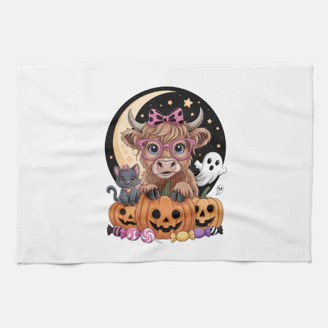 Highland Cow Halloween Spooky Season Tea Towel (Horizontal)