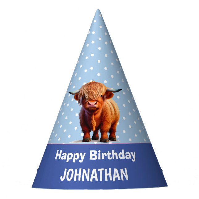 Highland Cow Happy Birthday Blue Party Hat (Front)